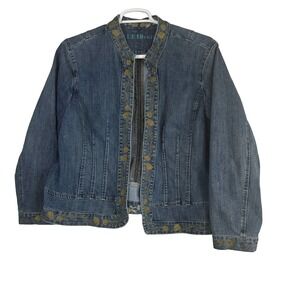 Blue Identity Jacket Women's 1X Denim Rose Embroidered Pleated Hook Eye Closure